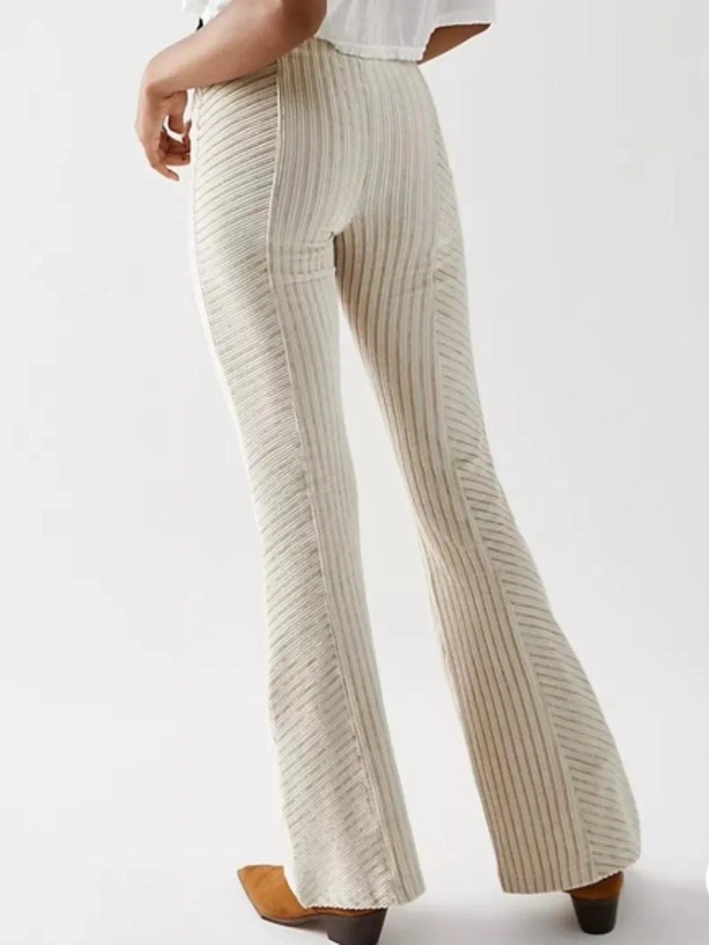 Free People Slim Pull-On Velvet Flare Pants XS Champagne High Rise Striped Boho